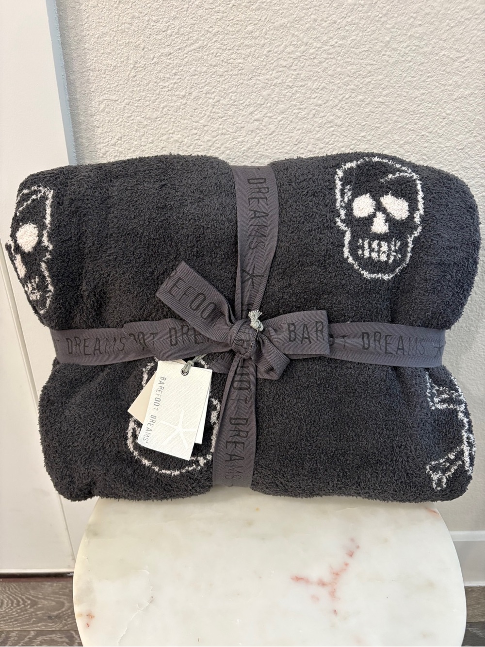 Barefoot Dreams Black Throw with White Skull Motif